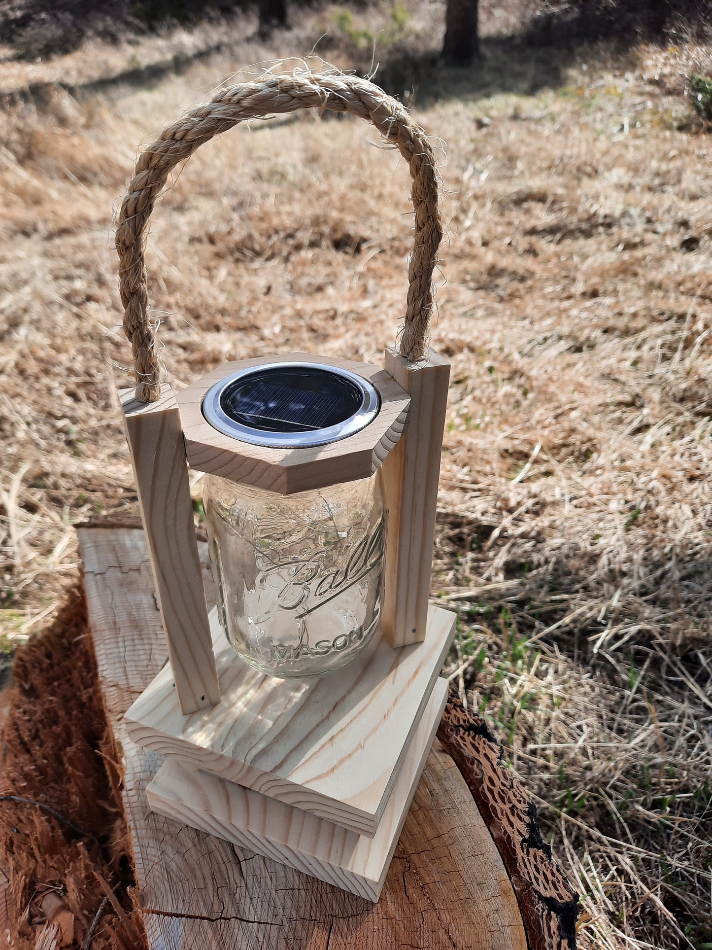Handmade Wooden Lantern with Solar Powered Fairy Lights Mason Jar, 30 LED lights, Porch lighting, Outside Decor