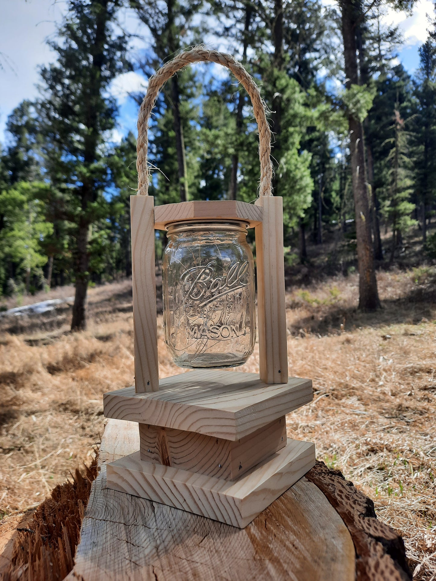 Handmade Wooden Lantern with Solar Powered Fairy Lights Mason Jar, 30 LED lights, Porch lighting, Outside Decor