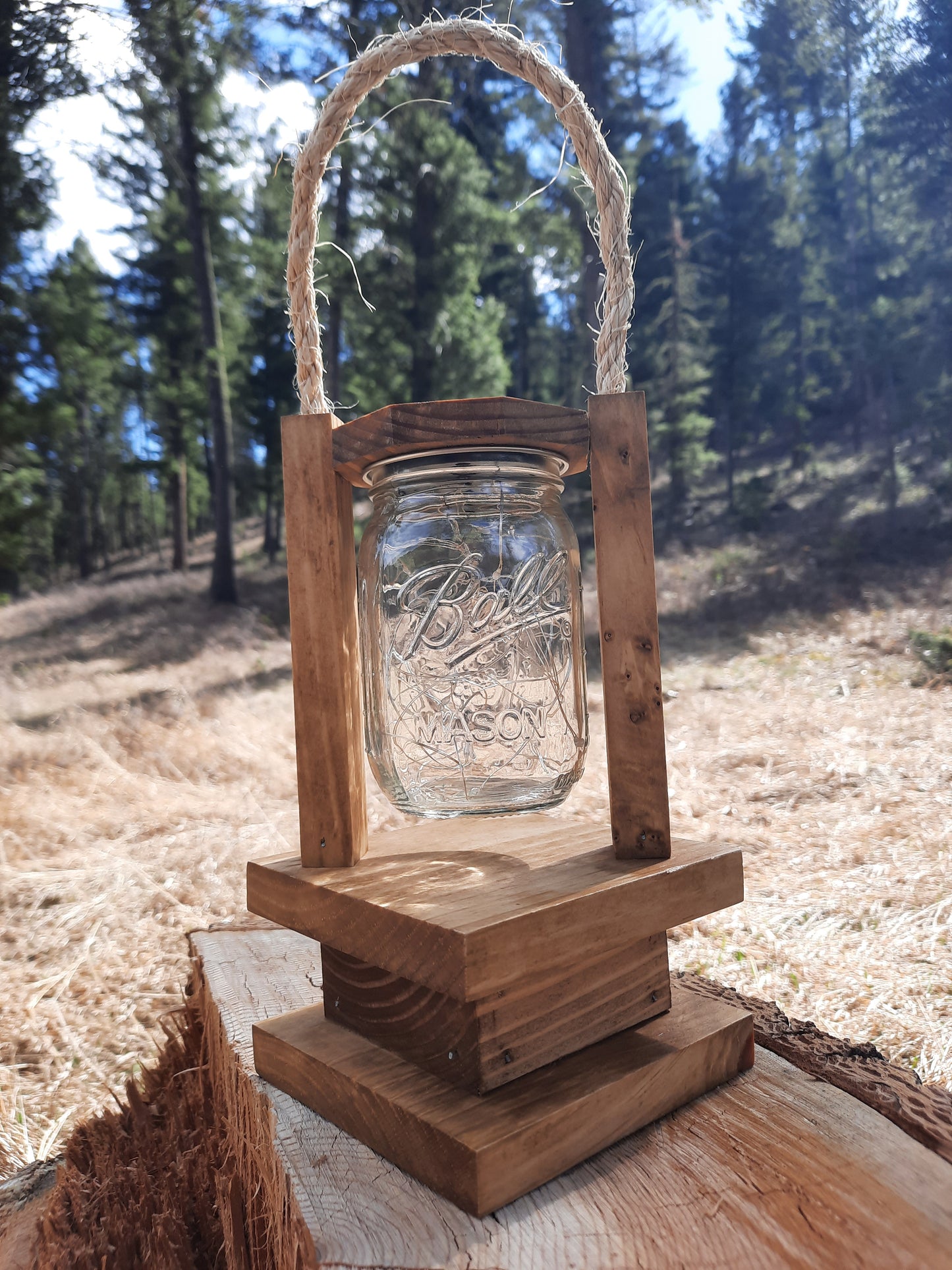 Handmade Wooden Lantern with Solar Powered Fairy Lights Mason Jar, 30 LED lights, Porch lighting, Outside Decor