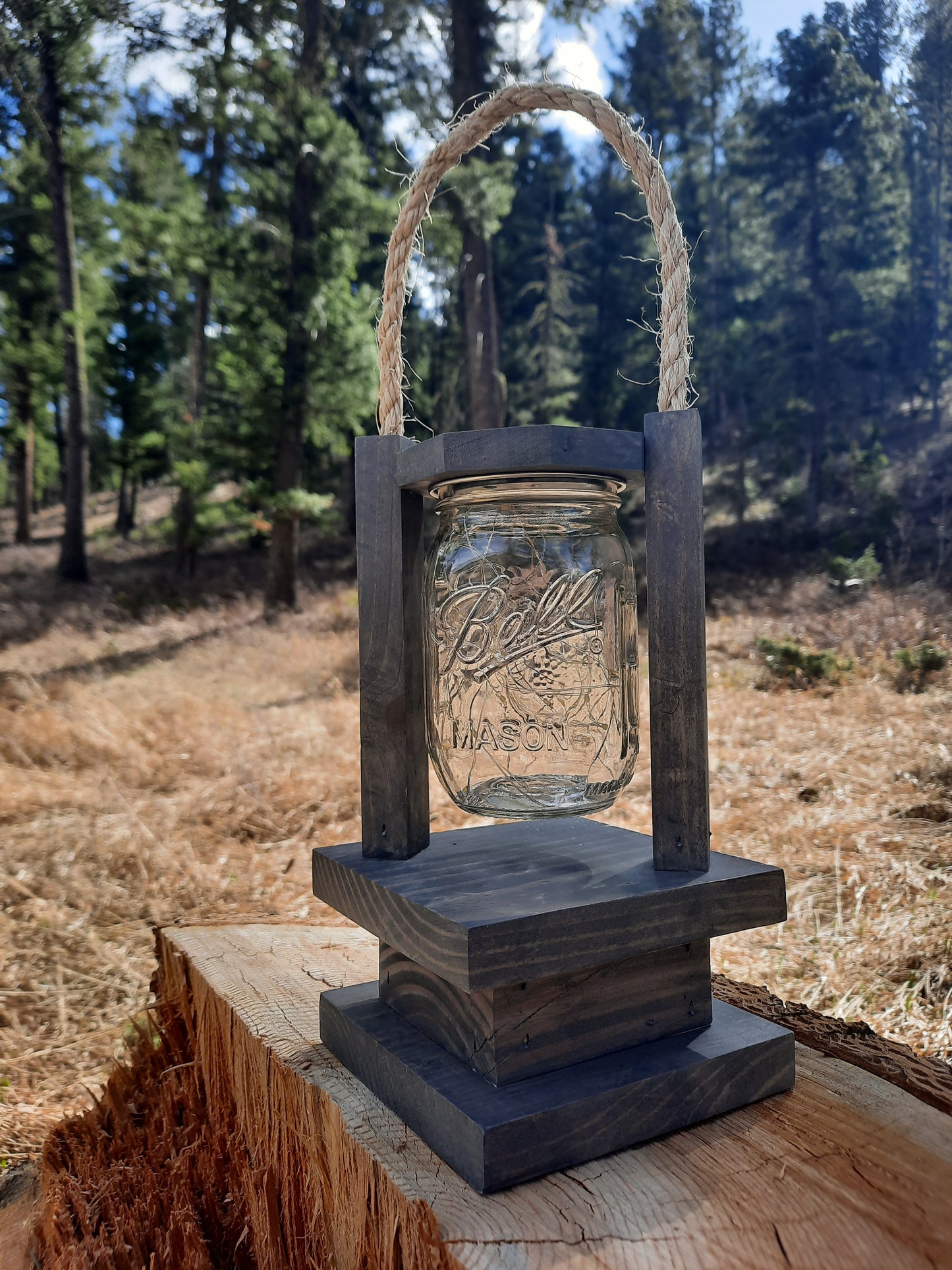 Handmade Wooden Lantern with Solar Powered Fairy Lights Mason Jar, 30 LED lights, Porch lighting, Outside Decor