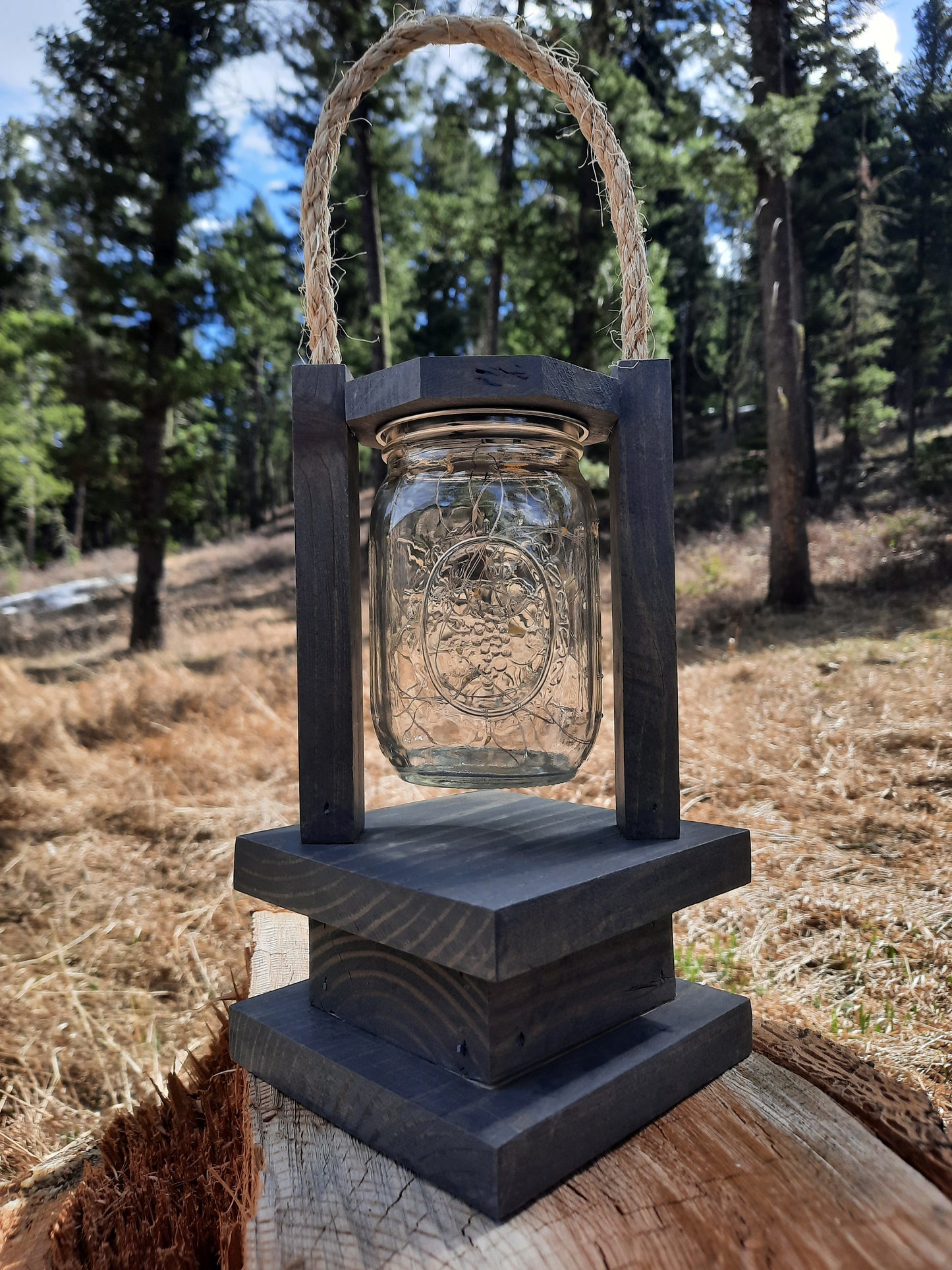Handmade Wooden Lantern with Solar Powered Fairy Lights Mason Jar, 30 LED lights, Porch lighting, Outside Decor