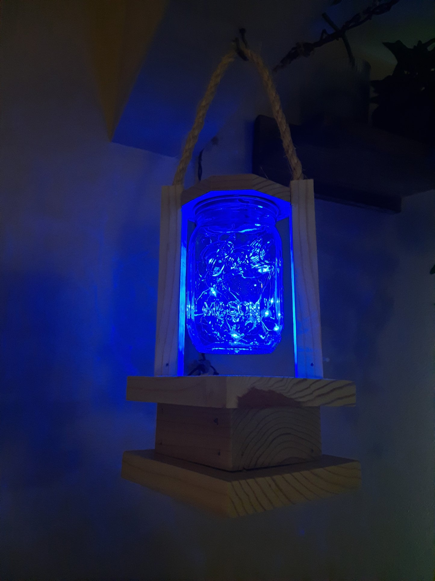 Handmade Wooden Lantern with Solar Powered Fairy Lights Mason Jar, 30 LED lights, Porch lighting, Outside Decor
