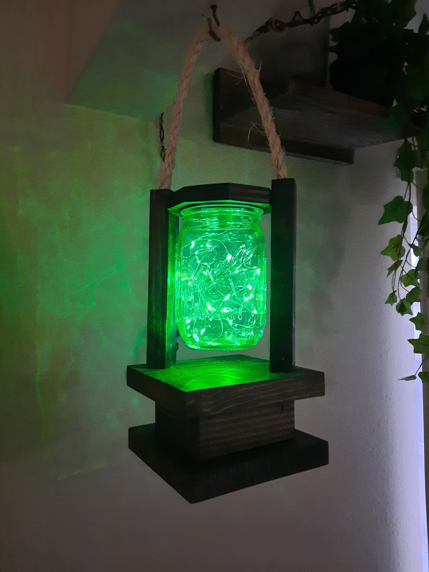 Handmade Wooden Lantern with Solar Powered Fairy Lights Mason Jar, 30 LED lights, Porch lighting, Outside Decor
