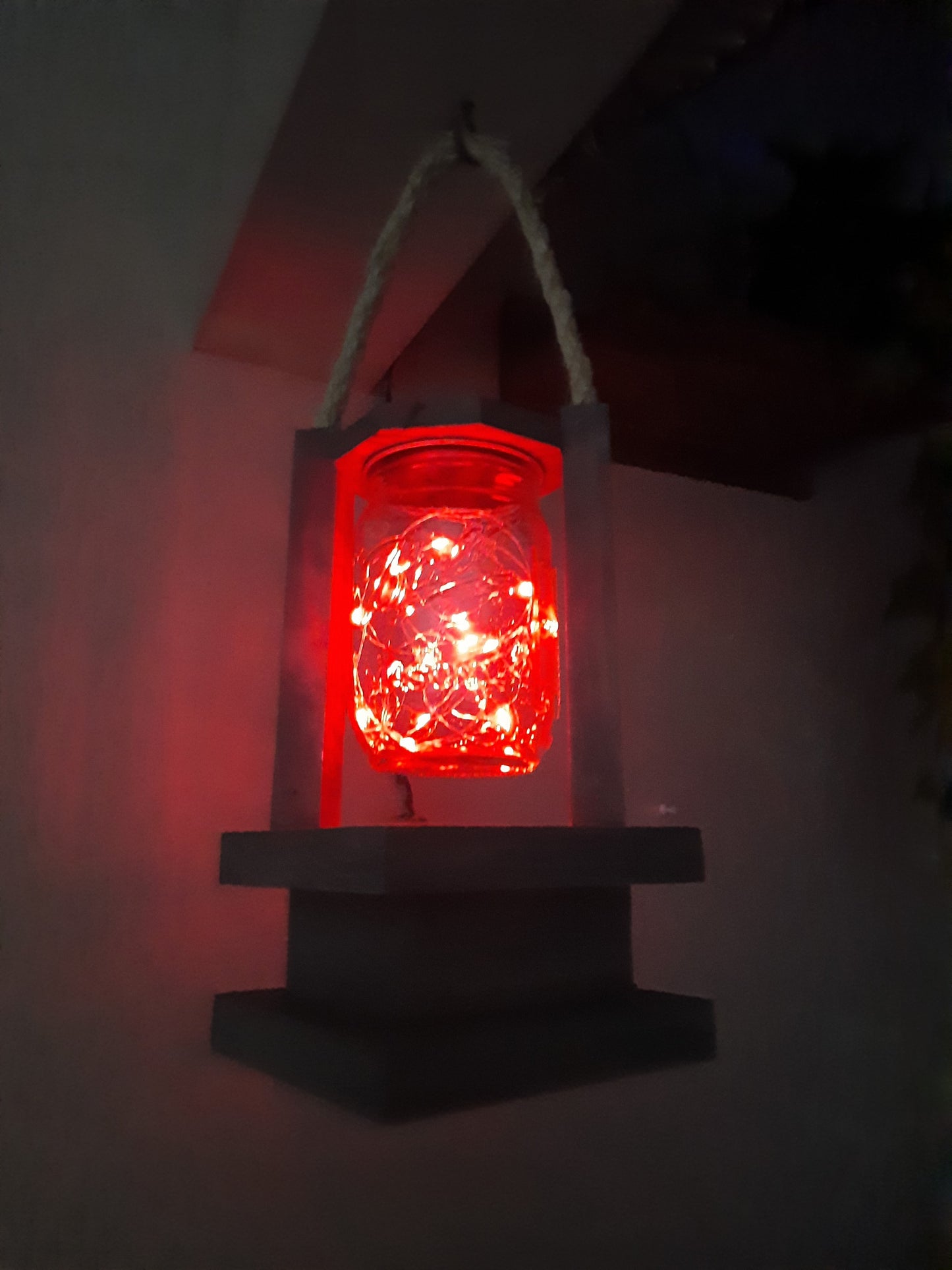 Handmade Wooden Lantern with Solar Powered Fairy Lights Mason Jar, 30 LED lights, Porch lighting, Outside Decor