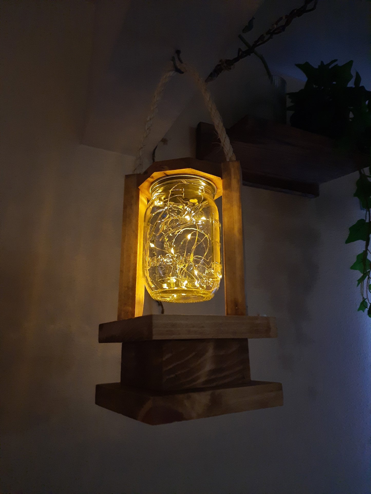 Handmade Wooden Lantern with Solar Powered Fairy Lights Mason Jar, 30 LED lights, Porch lighting, Outside Decor