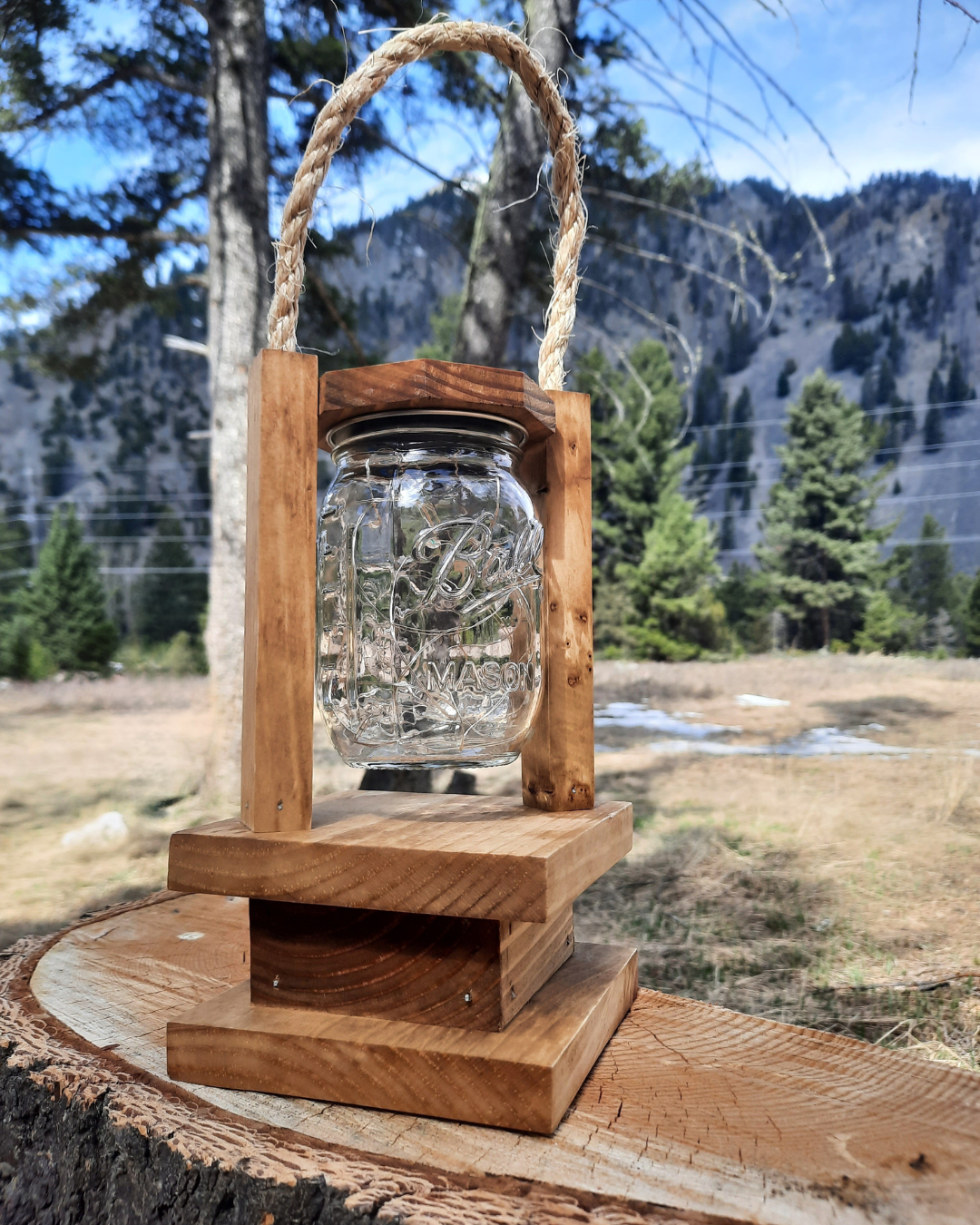 Handmade Wooden Lantern with Solar Powered Fairy Lights Mason Jar, 30 LED lights, Porch lighting, Outside Decor