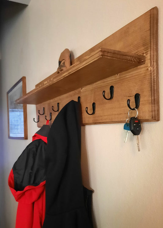 Golden Oak Wooden Coat Hanger with Shelf (9-hooks)