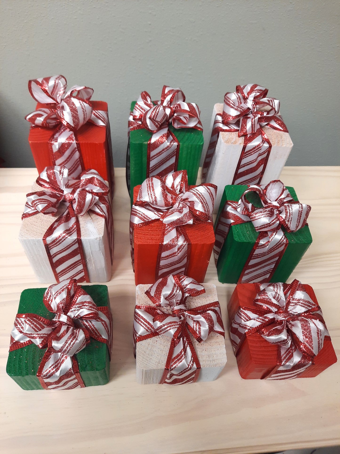 3 Piece Wooden Presents - Candy Cane - Decorative Holiday Gifts, Housewarming, Holiday Decor, Center Piece,  Xmas Party Decor