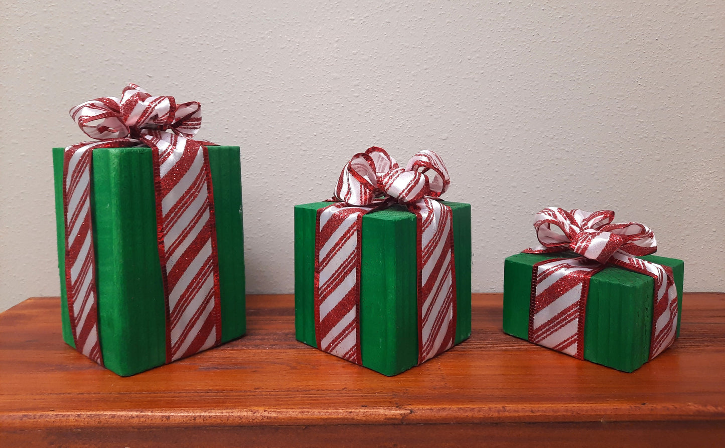 3 Piece Wooden Presents - Candy Cane - Decorative Holiday Gifts, Housewarming, Holiday Decor, Center Piece,  Xmas Party Decor