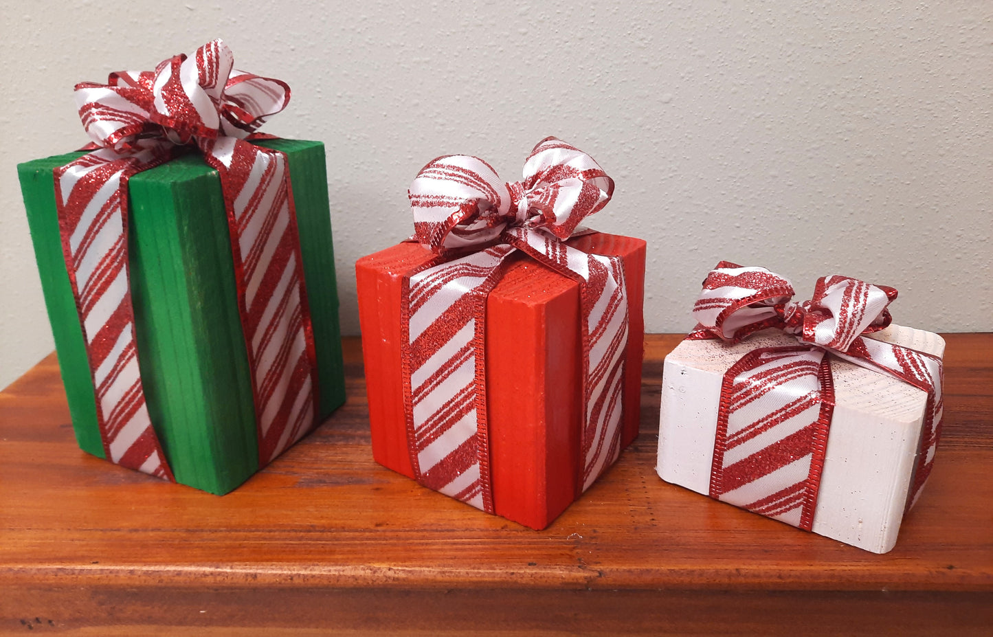 3 Piece Wooden Presents - Candy Cane - Decorative Holiday Gifts, Housewarming, Holiday Decor, Center Piece,  Xmas Party Decor