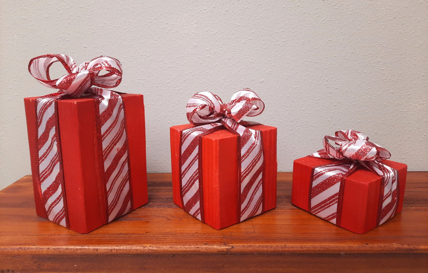 3 Piece Wooden Presents - Candy Cane - Decorative Holiday Gifts, Housewarming, Holiday Decor, Center Piece,  Xmas Party Decor