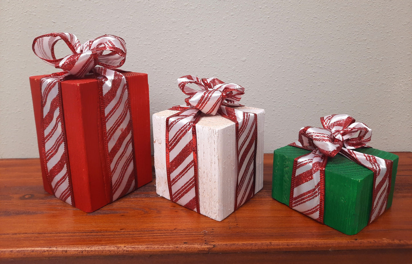 3 Piece Wooden Presents - Candy Cane - Decorative Holiday Gifts, Housewarming, Holiday Decor, Center Piece,  Xmas Party Decor