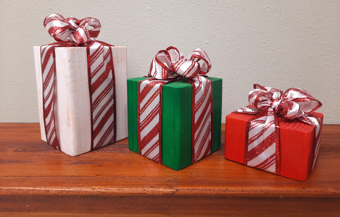 3 Piece Wooden Presents - Candy Cane - Decorative Holiday Gifts, Housewarming, Holiday Decor, Center Piece,  Xmas Party Decor