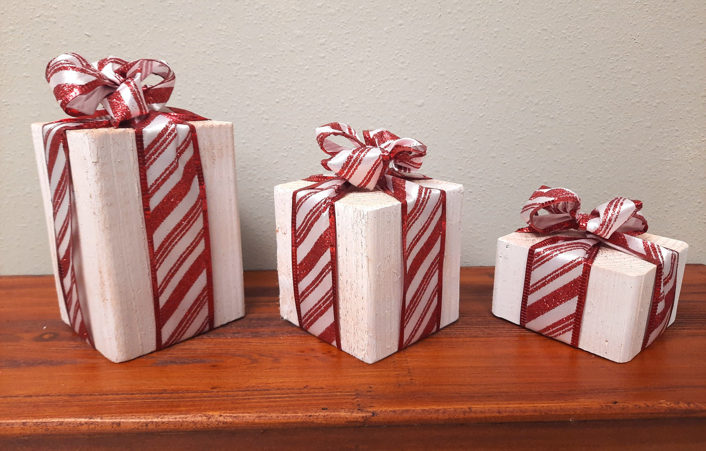 3 Piece Wooden Presents - Candy Cane - Decorative Holiday Gifts, Housewarming, Holiday Decor, Center Piece,  Xmas Party Decor