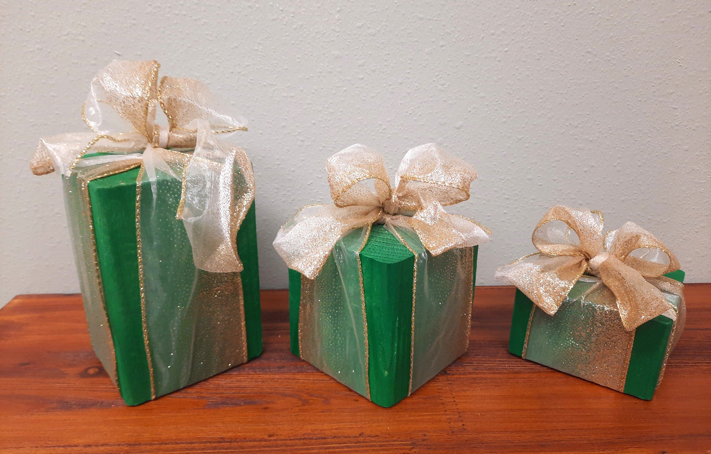 3 Piece Wooden Presents - Golden Bow - Decorative Holiday Gifts, Housewarming, Holiday Decor, Center Piece,  Xmas Party Decor