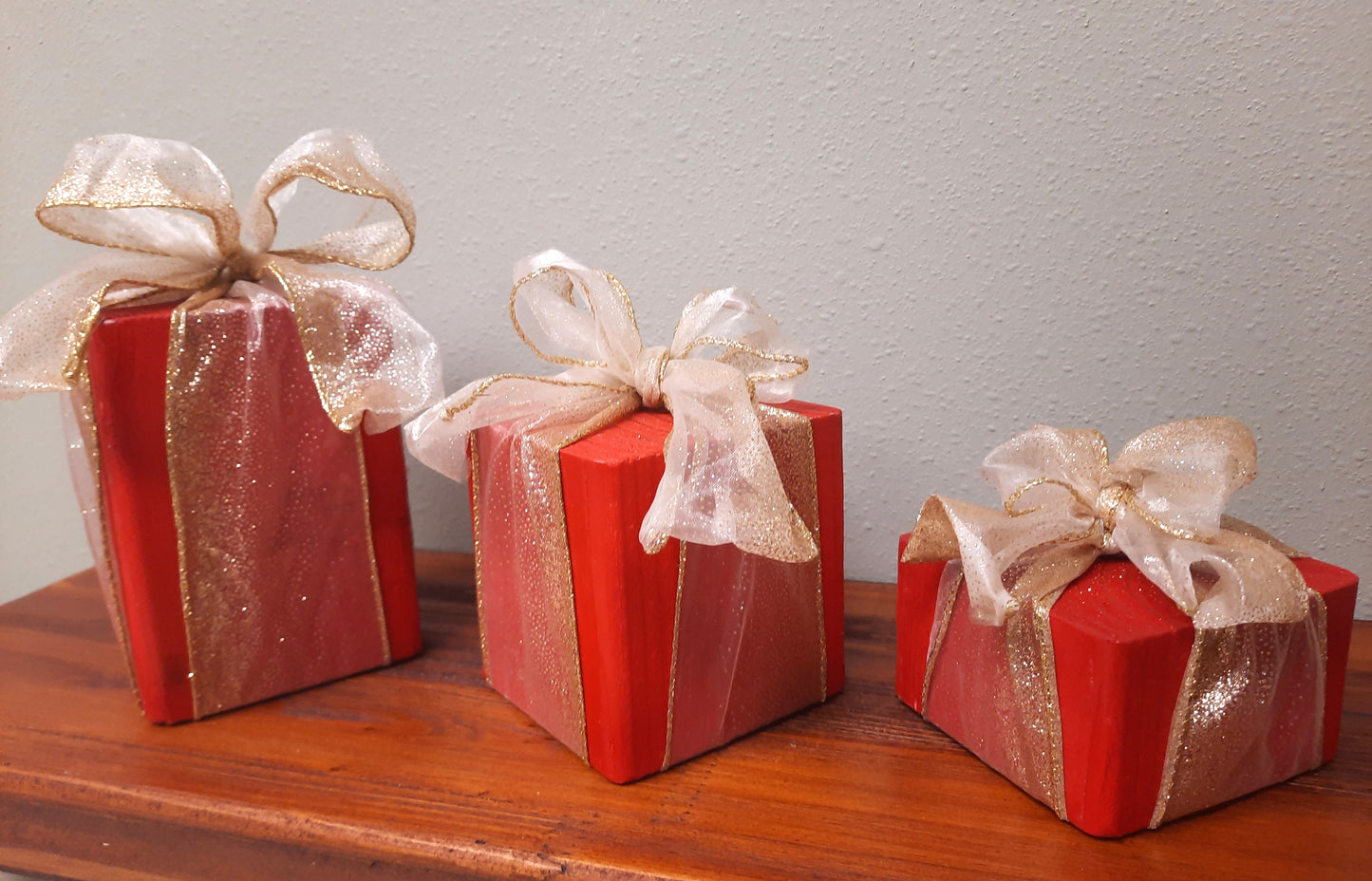 3 Piece Wooden Presents - Golden Bow - Decorative Holiday Gifts, Housewarming, Holiday Decor, Center Piece,  Xmas Party Decor