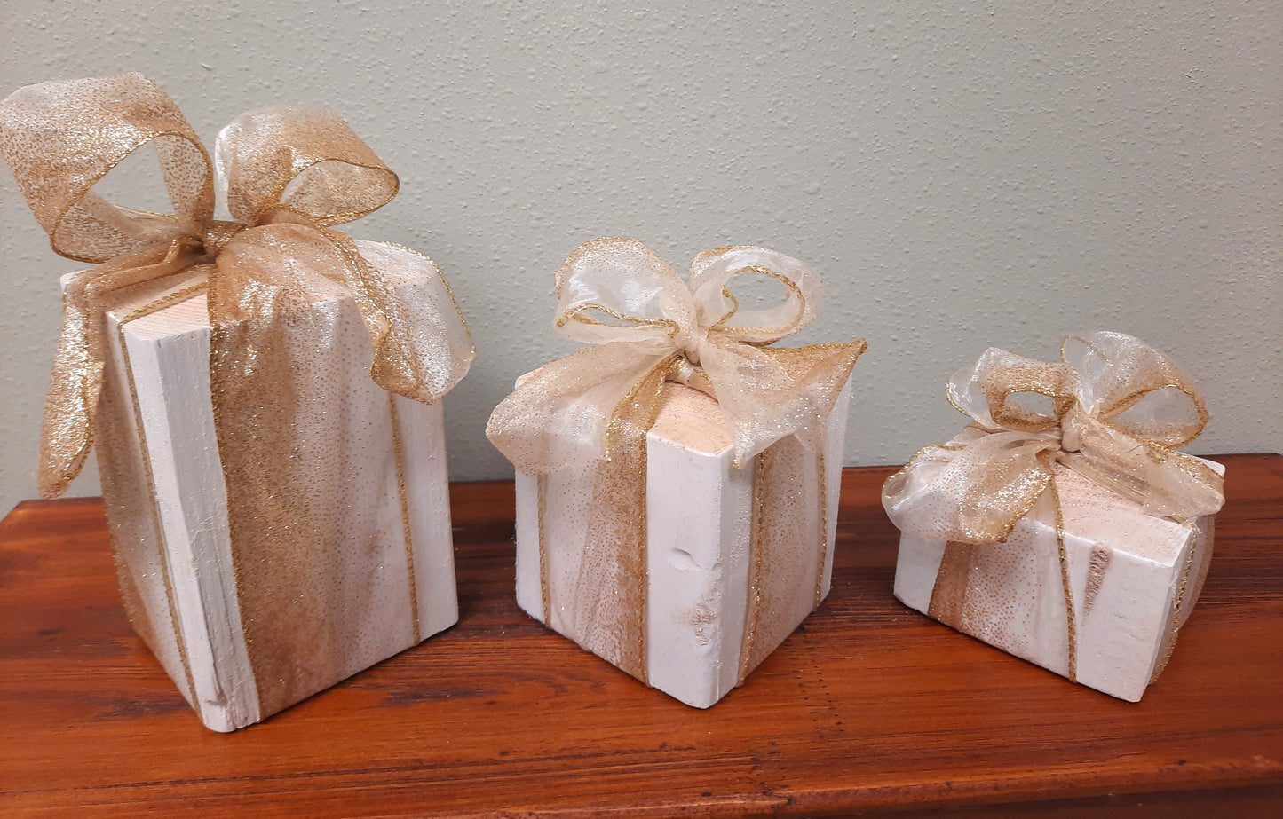 3 Piece Wooden Presents - Golden Bow - Decorative Holiday Gifts, Housewarming, Holiday Decor, Center Piece,  Xmas Party Decor