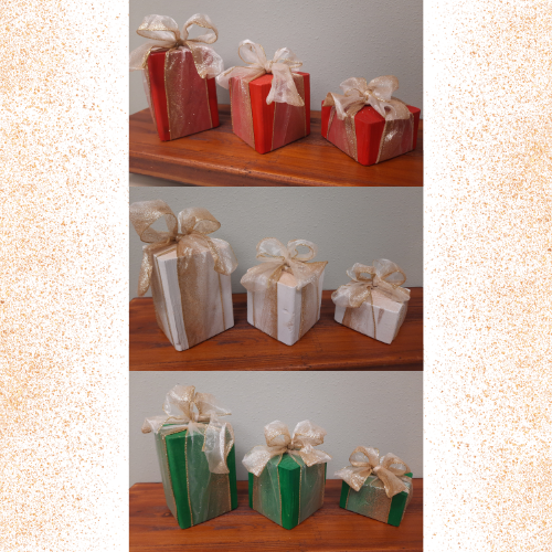 3 Piece Wooden Presents - Golden Bow - Decorative Holiday Gifts, Housewarming, Holiday Decor, Center Piece,  Xmas Party Decor