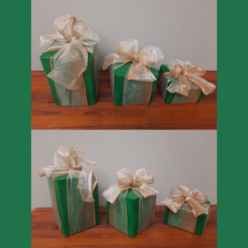 3 Piece Wooden Presents - Golden Bow - Decorative Holiday Gifts, Housewarming, Holiday Decor, Center Piece,  Xmas Party Decor