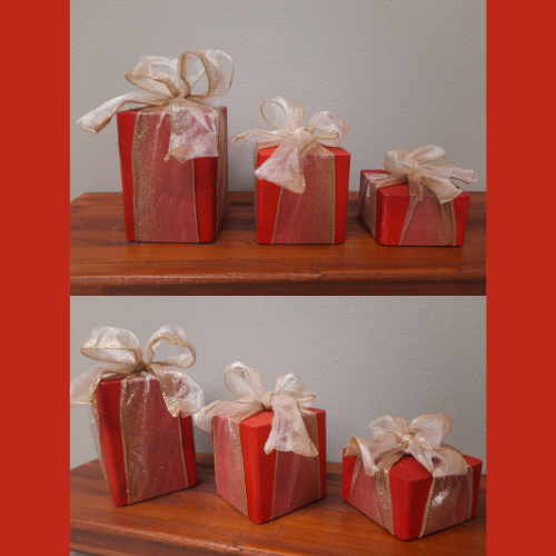 3 Piece Wooden Presents - Golden Bow - Decorative Holiday Gifts, Housewarming, Holiday Decor, Center Piece,  Xmas Party Decor