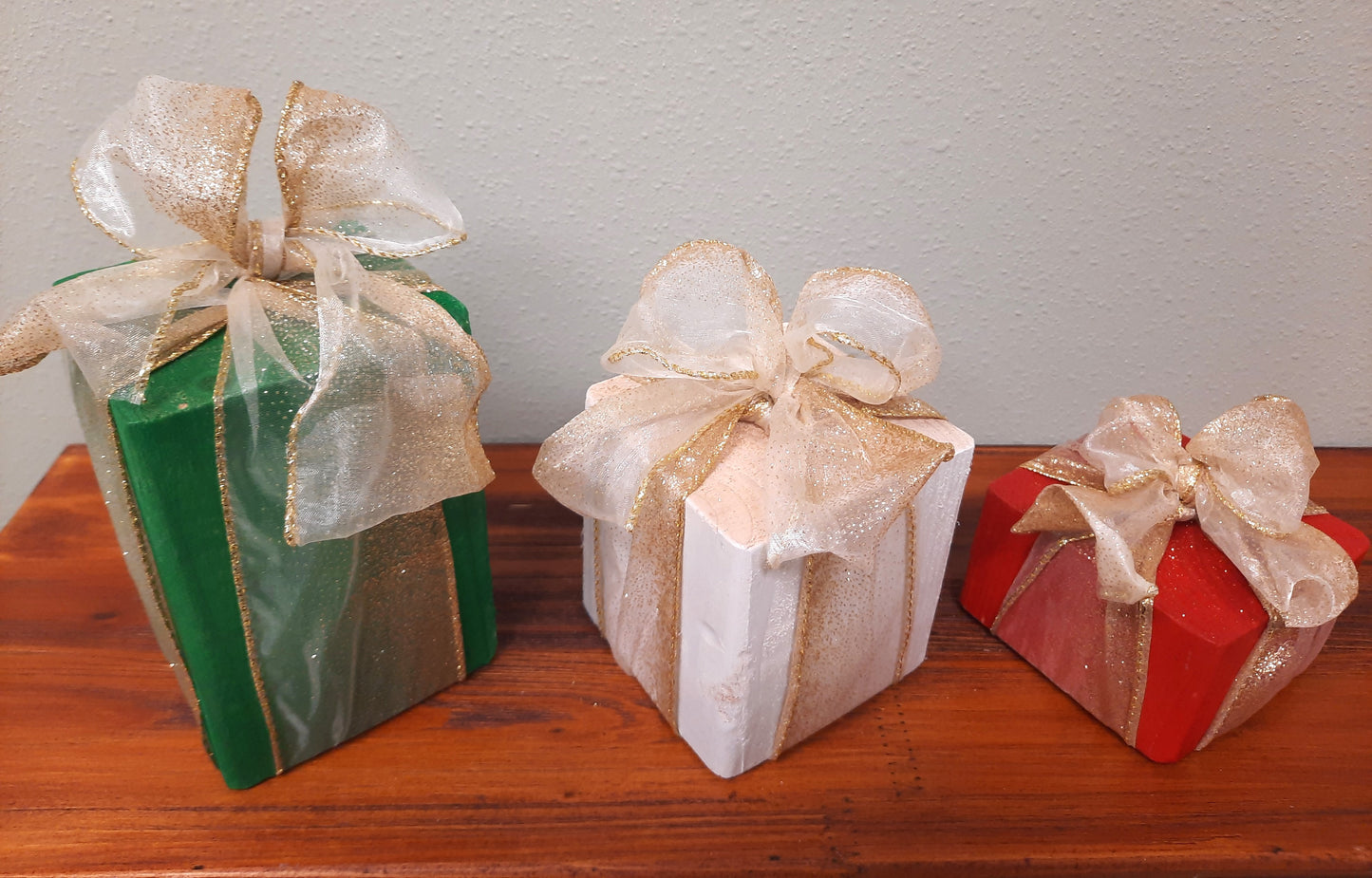 3 Piece Wooden Presents - Golden Bow - Decorative Holiday Gifts, Housewarming, Holiday Decor, Center Piece,  Xmas Party Decor