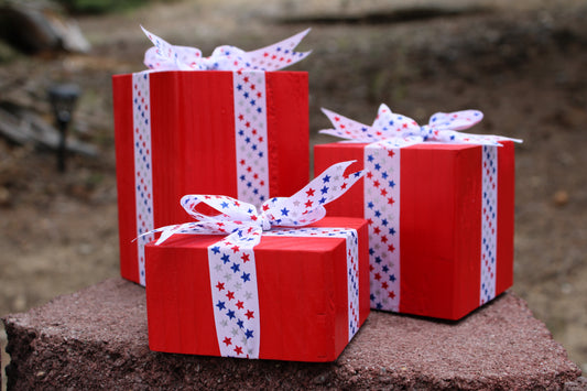 Wooden Decorative Blocks, Independence Day Decor, Red White and Blue, Stars & Stripes Ribbon, Patriotic Decor, 4th of July, Patio, Office