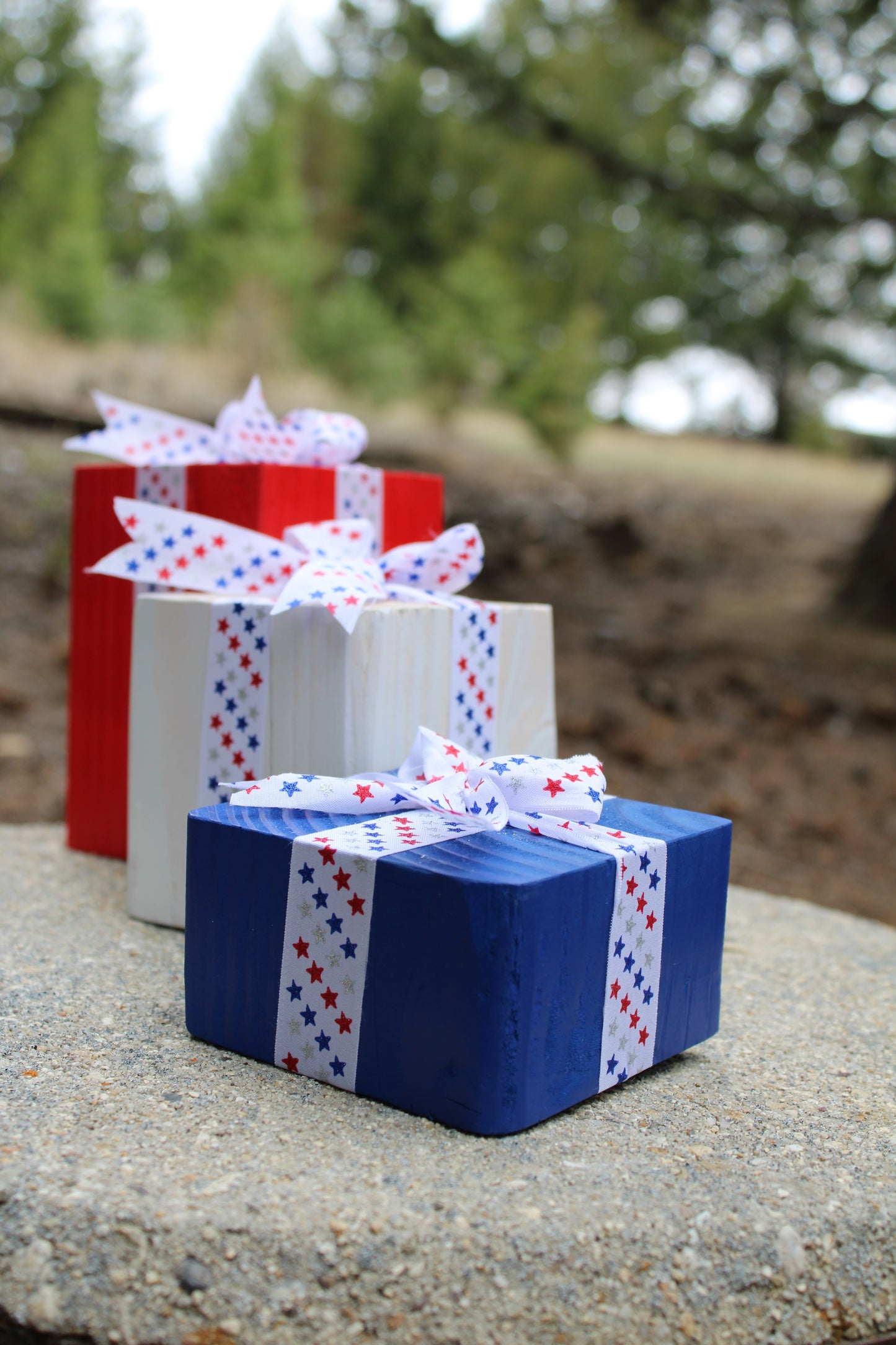 Wooden Decorative Blocks, Independence Day Decor, Red White and Blue, Stars & Stripes Ribbon, Patriotic Decor, 4th of July, Patio, Office