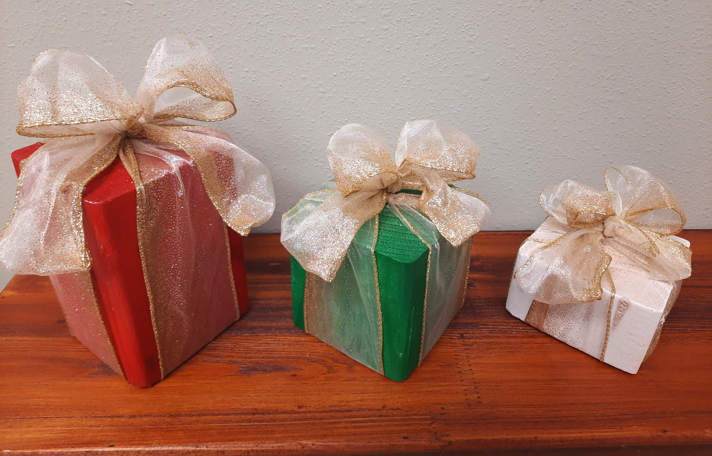 3 Piece Wooden Presents - Golden Bow - Decorative Holiday Gifts, Housewarming, Holiday Decor, Center Piece,  Xmas Party Decor