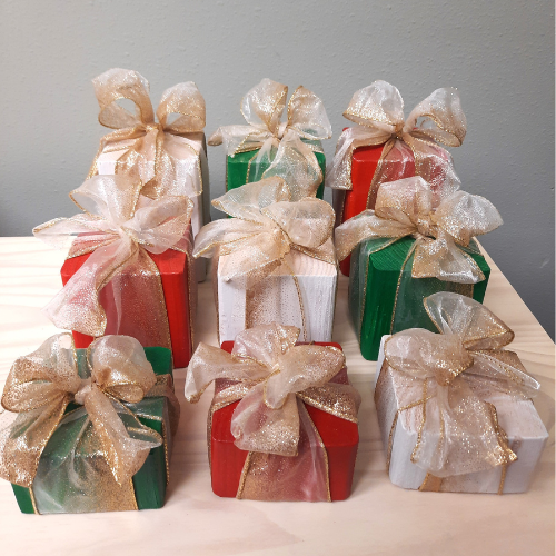3 Piece Wooden Presents - Golden Bow - Decorative Holiday Gifts, Housewarming, Holiday Decor, Center Piece,  Xmas Party Decor