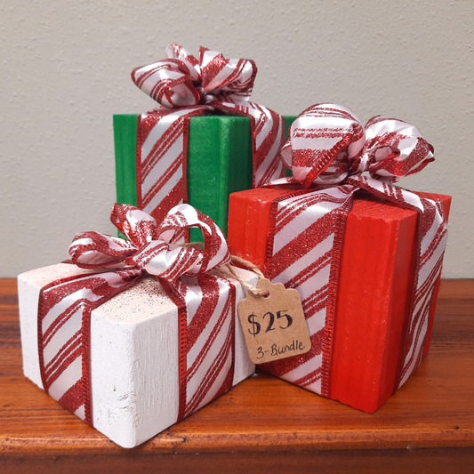 3 Piece Wooden Presents - Candy Cane - Decorative Holiday Gifts, Housewarming, Holiday Decor, Center Piece,  Xmas Party Decor