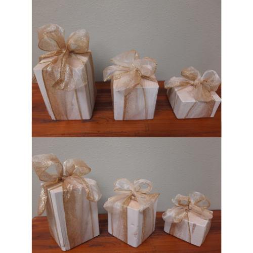 3 Piece Wooden Presents - Golden Bow - Decorative Holiday Gifts, Housewarming, Holiday Decor, Center Piece,  Xmas Party Decor