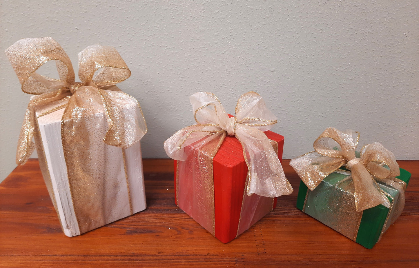 3 Piece Wooden Presents - Golden Bow - Decorative Holiday Gifts, Housewarming, Holiday Decor, Center Piece,  Xmas Party Decor